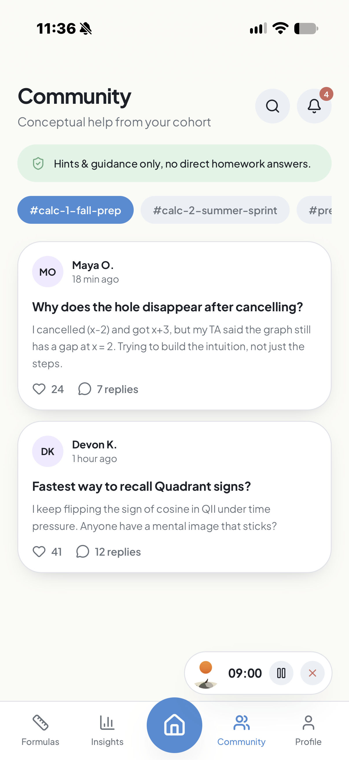 Integrade community threads for conceptual peer support without direct homework answers