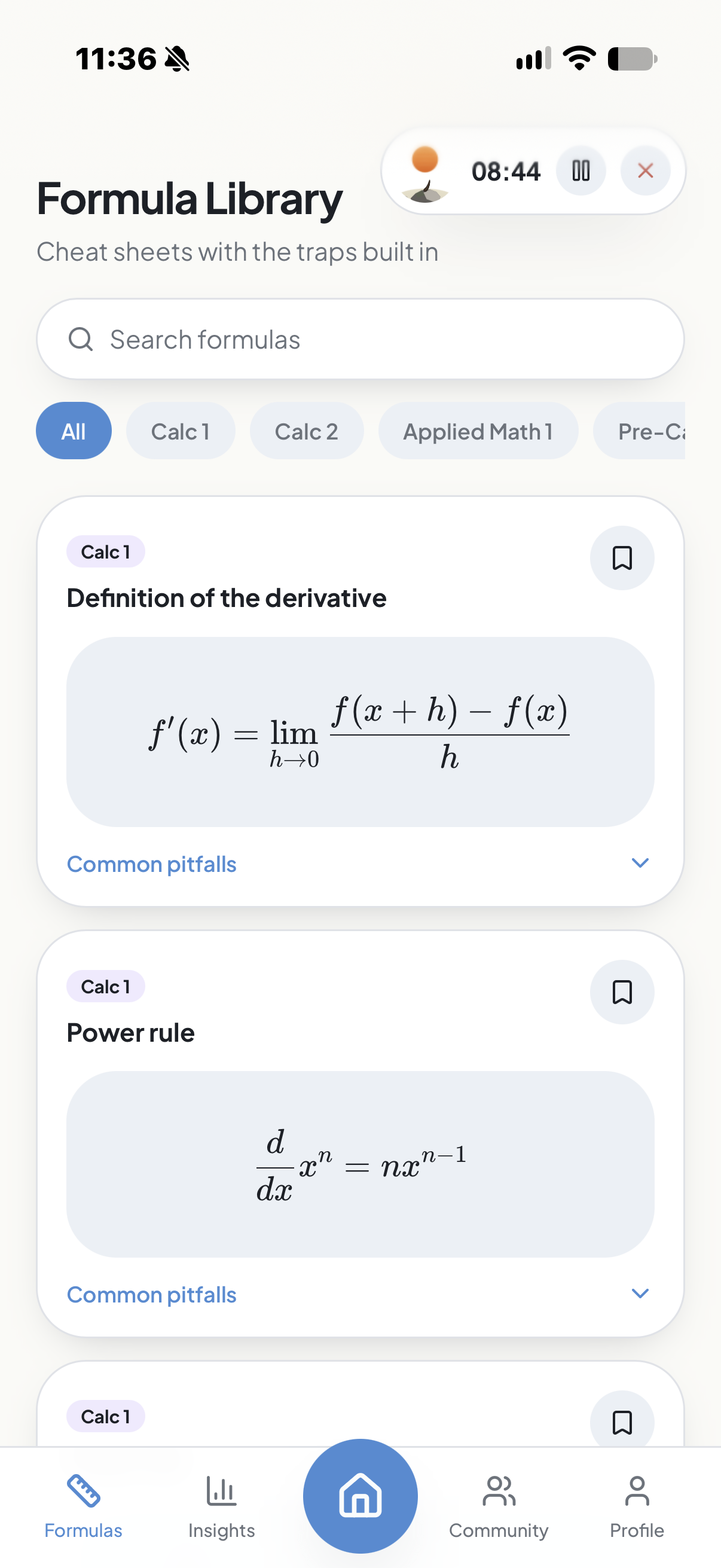 Integrade formula library showing course filters, derivative rules, and expandable common pitfalls