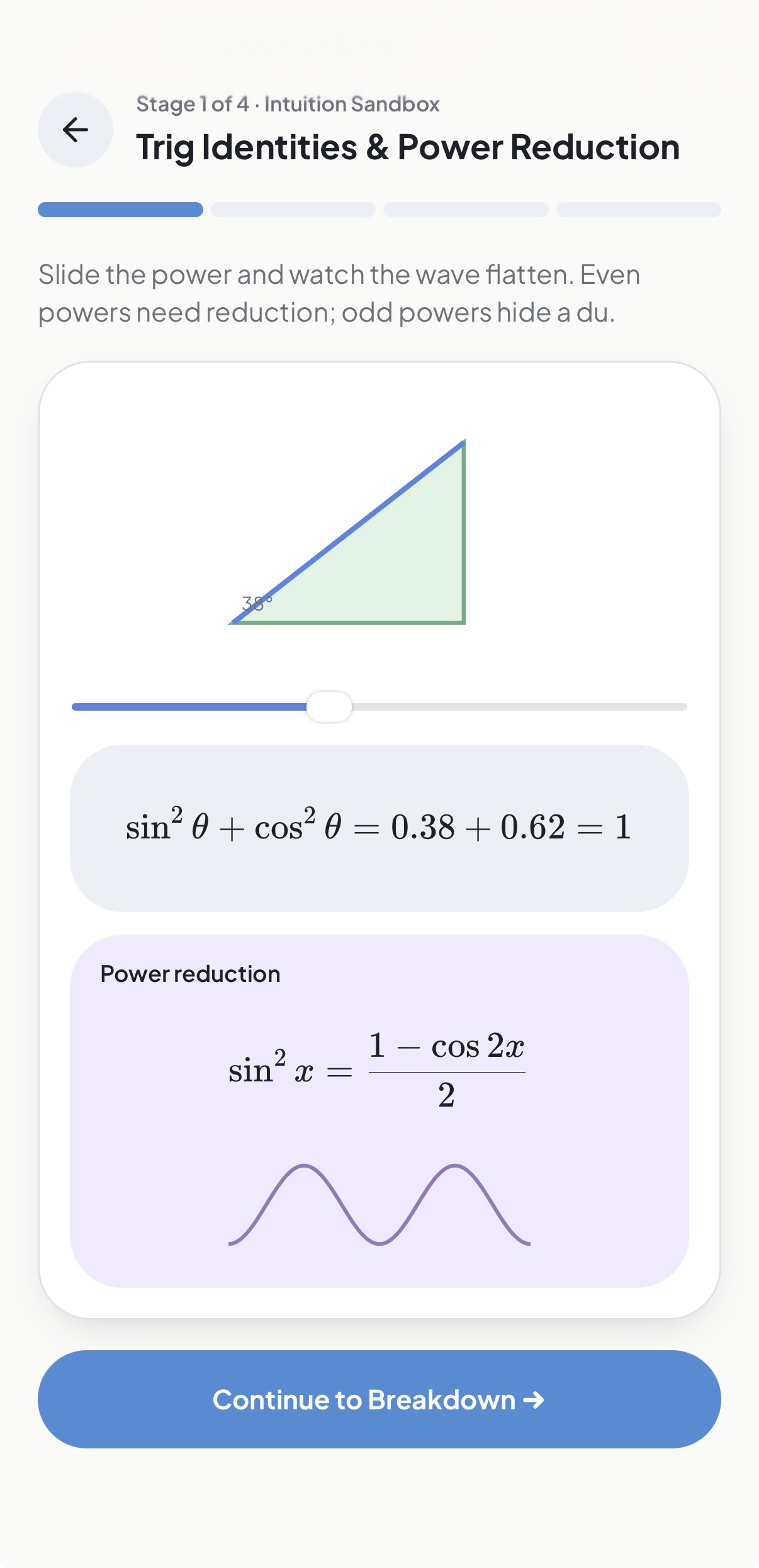 Integrade interactive trigonometry lesson with a draggable triangle and power-reduction visual
