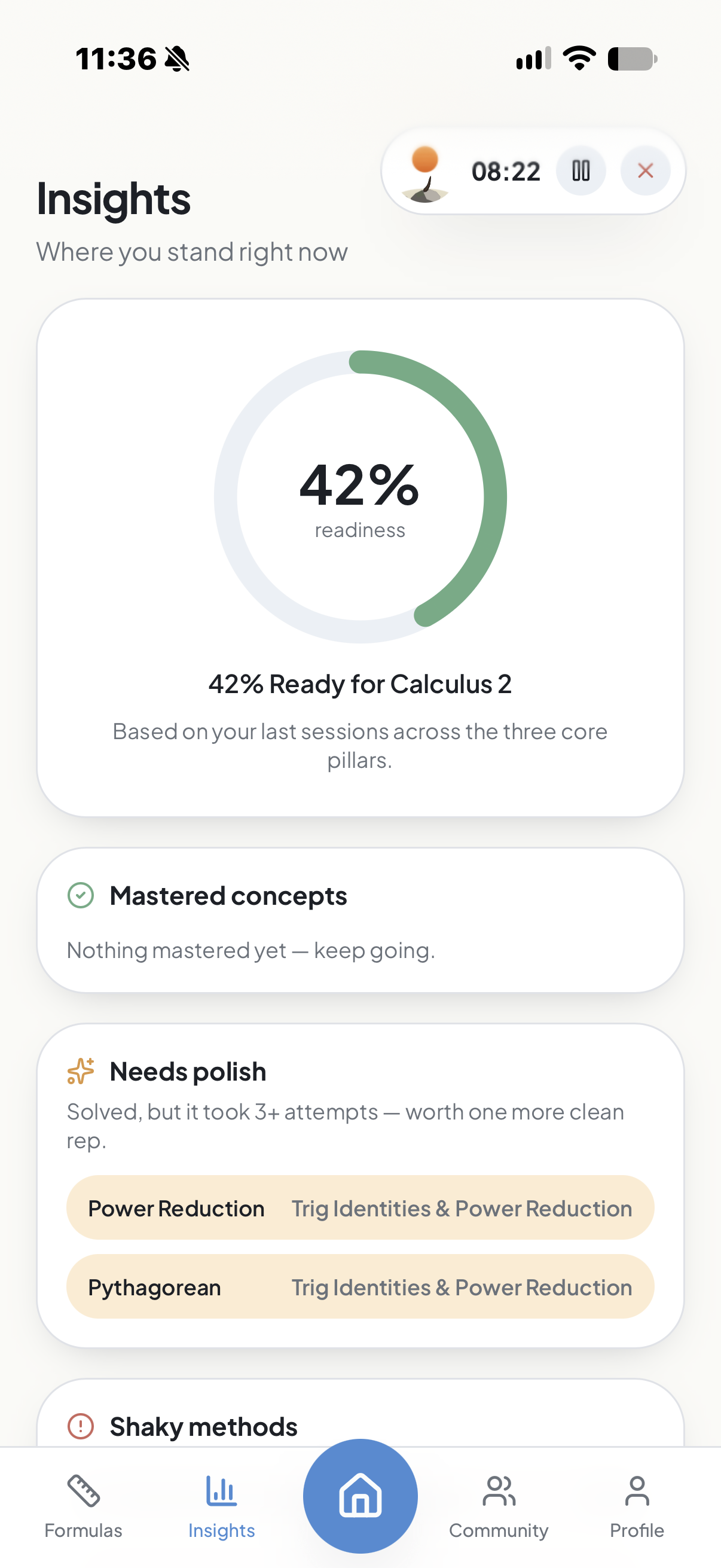 Integrade progress insights showing course readiness, mastered concepts, and concepts that need polish